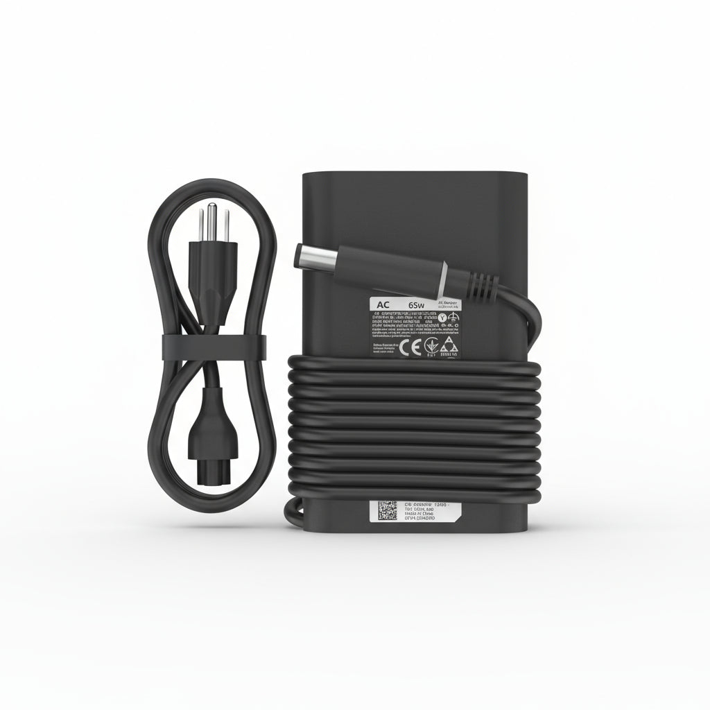 A black Dell laptop charger with a power cord and a 7.4mm tip.