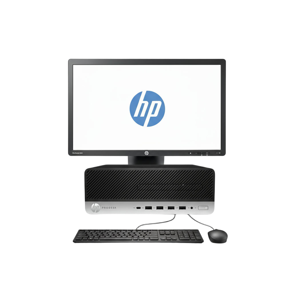 HP desktop computer with monitor, keyboard, and mouse on a white background