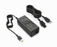 A black Lenovo laptop power adapter with a yellow square USB tip and two-pronged plug, alongside a power cord.