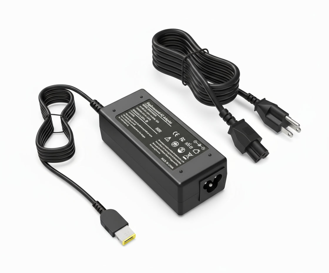A black Lenovo laptop power adapter with a yellow square USB tip and two-pronged plug, alongside a power cord.