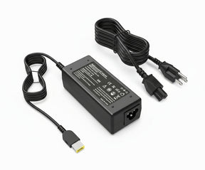 A black Lenovo laptop power adapter with a yellow square USB tip and two-pronged plug, alongside a power cord.