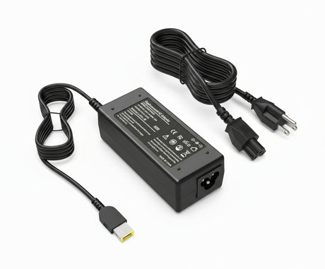 A black Lenovo laptop power adapter with a yellow square USB tip and two-pronged plug, alongside a power cord.