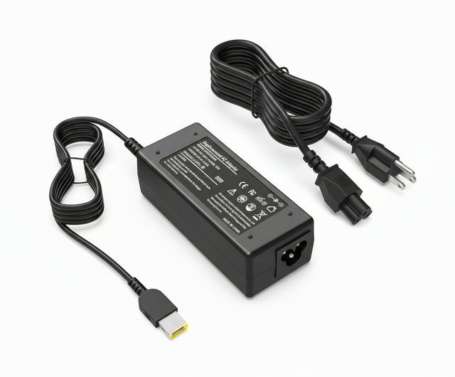 A black Lenovo laptop power adapter with a yellow square USB tip and two-pronged plug, alongside a power cord.