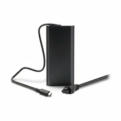A black Dell USB-C charger with cable and connector.