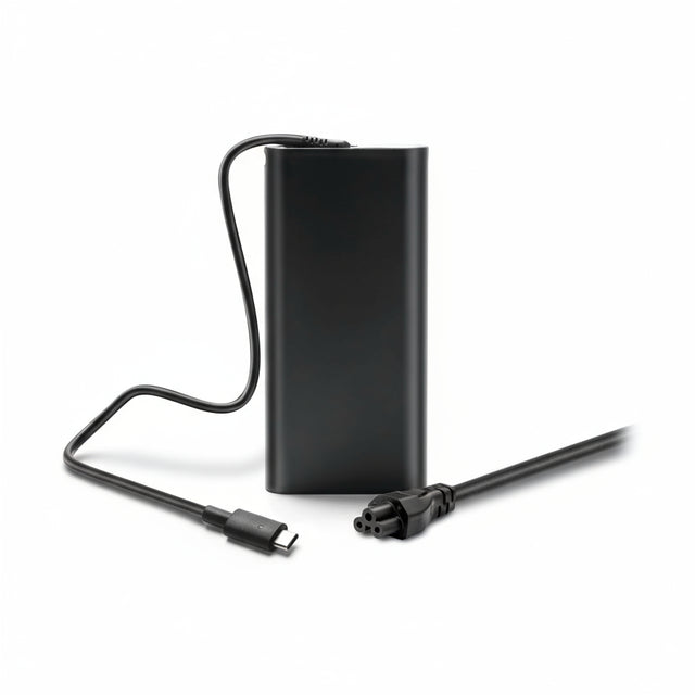A black Dell USB-C charger with cable and connector.