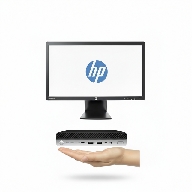 HP monitor and small form factor PC on a white background