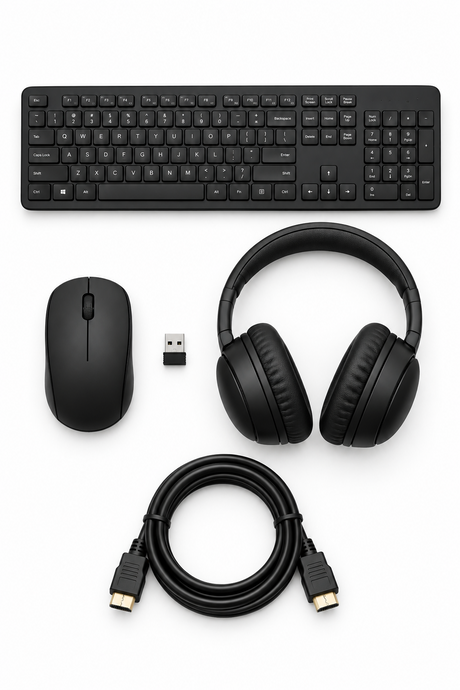 A black computer peripheral set on a white background, including a keyboard, mouse, over-ear headphones, a short USB receiver, and an HDMI cable.