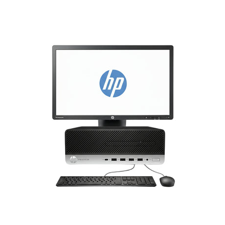 HP desktop computer with monitor, keyboard, and mouse on a white background
