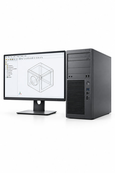A black desktop computer tower next to a monitor displaying a 3D modeling software interface, set against a clean light gray studio background.